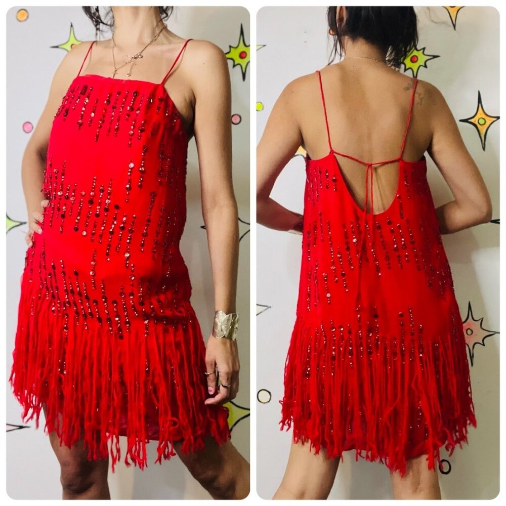 Vntg~Red Glam Fringe/Sequin Flapper Christmas New Year Holiday Party Dress~ XS